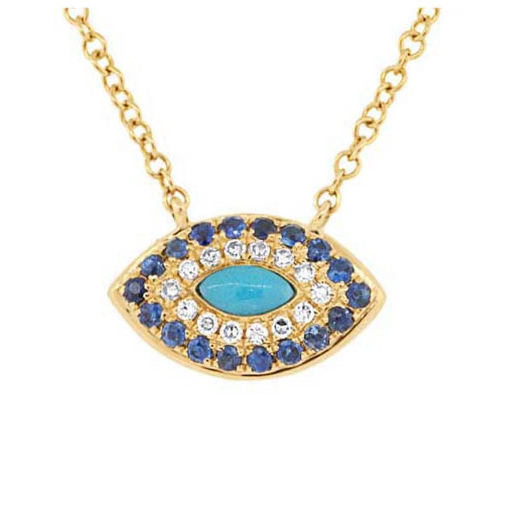 0.05 Ctw Diamond And 0.20 Ctw Blue Sapphire And Turquoise 14k Yellow Gold Necklace