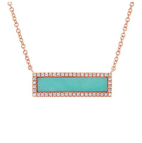 0.15 Ctw Diamond And 1.02 Ctw Composite Turquoise 14k Rose Gold Bar Necklace