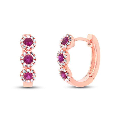 0.15 Ctw Diamond And 0.29 Ctw Ruby 14k Rose Gold Huggie Earring