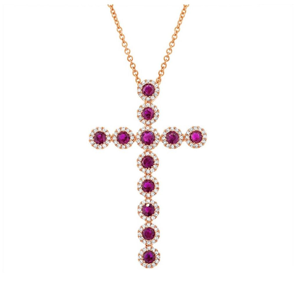 0.45 Ctw Diamond And 1.03 Ctw Ruby 14k Rose Gold Diamond Cross Pendant Necklace With 18 Inch Chain