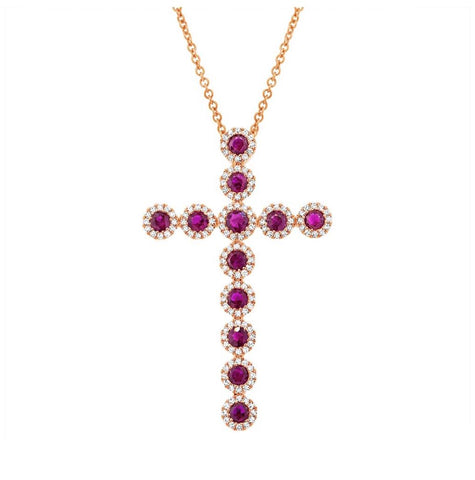 0.45 Ctw Diamond And 1.03 Ctw Ruby 14k Rose Gold Diamond Cross Pendant Necklace With 18 Inch Chain