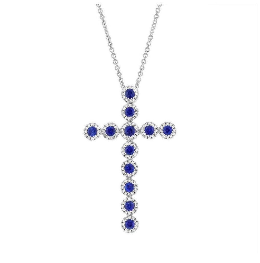 0.45 Ctw Diamond And 1.03 Ctw Blue Sapphire 14k White Gold Diamond Cross Pendant Necklace With 18 Inch Chain