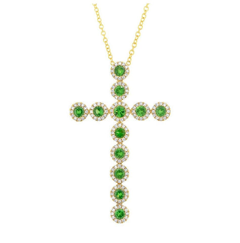 0.45 Ctw Diamond And 1.14 Ctw Green Garnet 14k Yellow Gold Cross Pendant Necklace With 18 Inch Chain