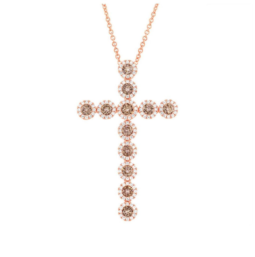 1.51 Ctw 14k Rose Gold Diamond And Champagne Cross Diamond Pendant Necklace With 18 Inch Chain