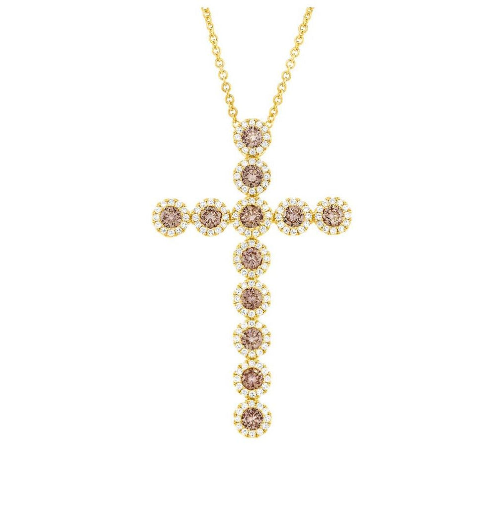 1.51 Ctw 14k Yellow Gold Diamond And Champagne Cross Diamond Pendant Necklace With 18 Inch Chain