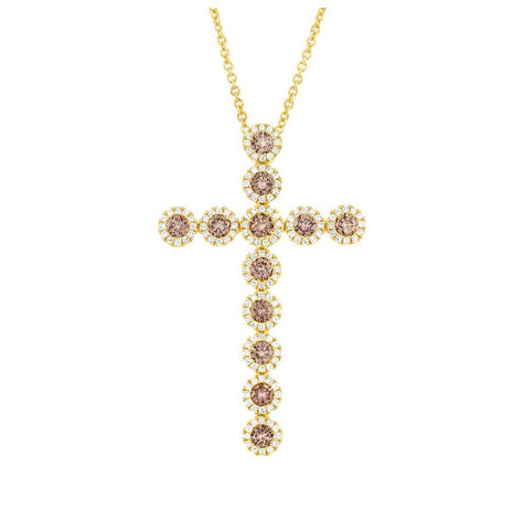 1.51 Ctw 14k Yellow Gold Diamond And Champagne Cross Diamond Pendant Necklace With 18 Inch Chain