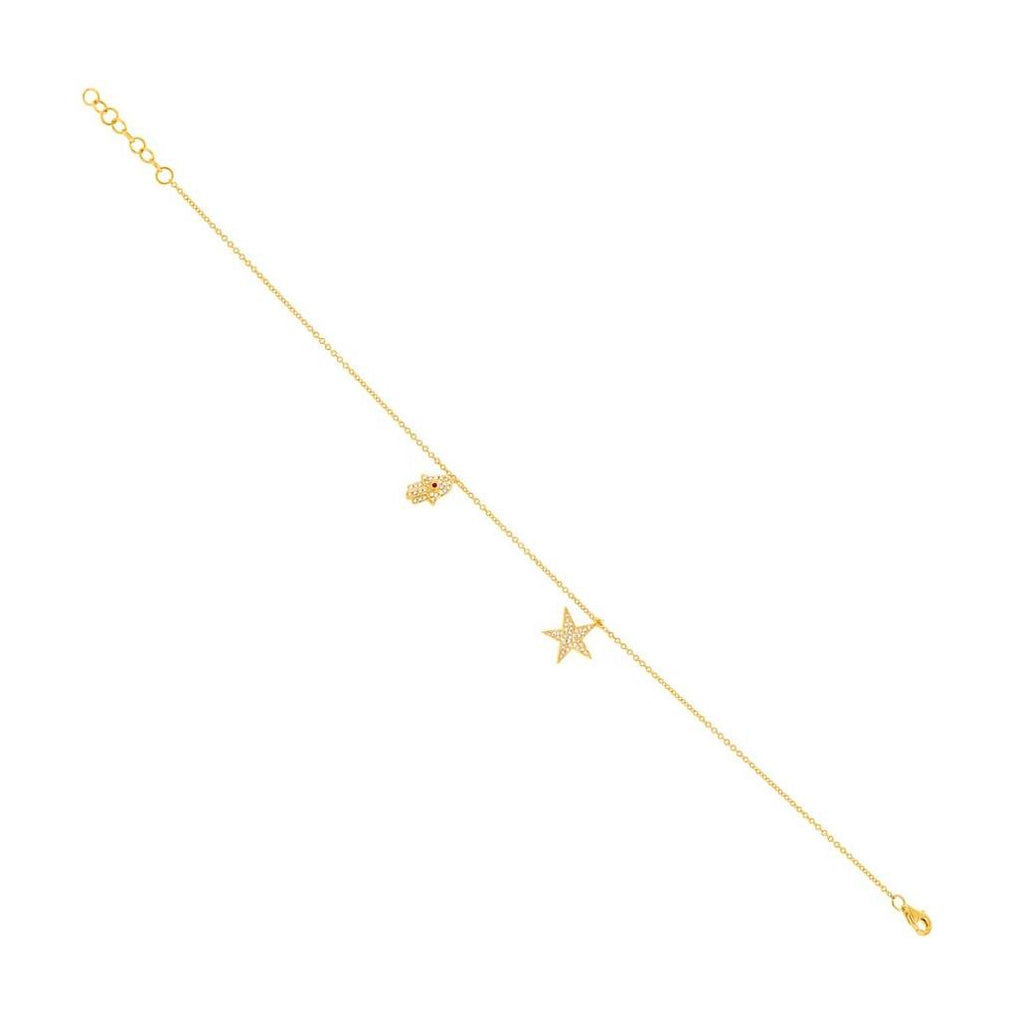 0.16 Ctw Diamond And 0.01 Ctw Ruby 14k Yellow Gold Hamsa And Star Anklet