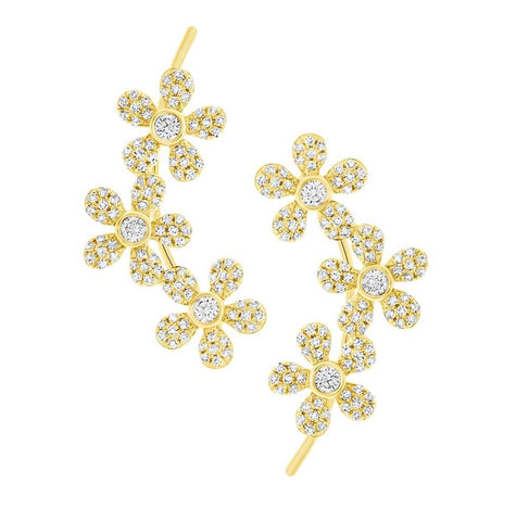 0.54 Ctw 14k Yellow Gold Flower Diamond Ear Crawler Earring