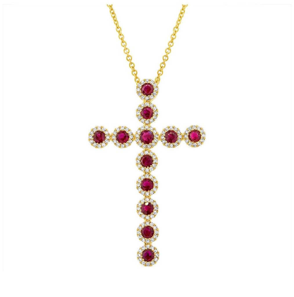 0.45 Ctw Diamond And 1.03 Ctw Ruby 14k Yellow Gold Diamond Cross Pendant Necklace With 18 Inch Chain