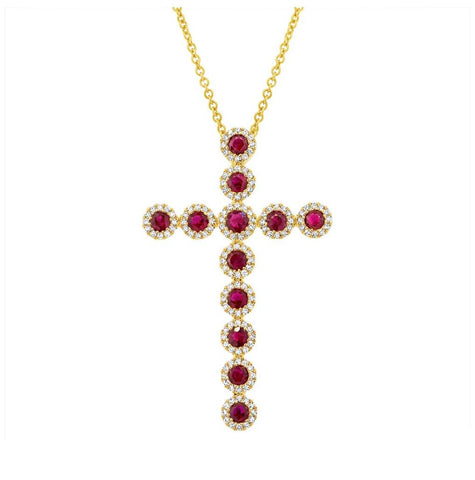 0.45 Ctw Diamond And 1.03 Ctw Ruby 14k Yellow Gold Diamond Cross Pendant Necklace With 18 Inch Chain