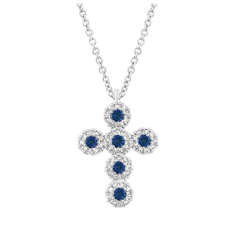 0.12 Ctw Diamond And 0.15 Ctw Blue Sapphire 14k White Gold Cross Necklace