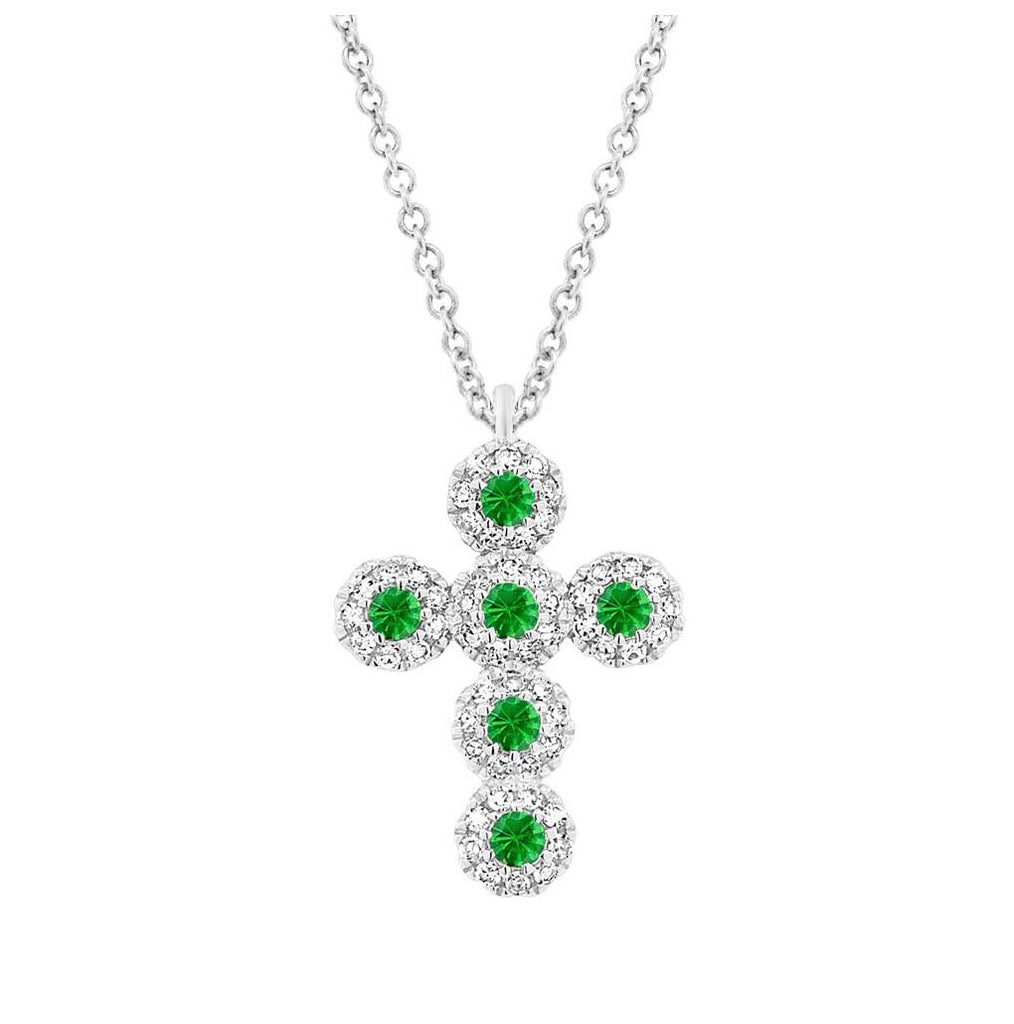 0.12 Ctw Diamond And 0.14 Ctw Green Garnet 14k White Gold Cross Necklace