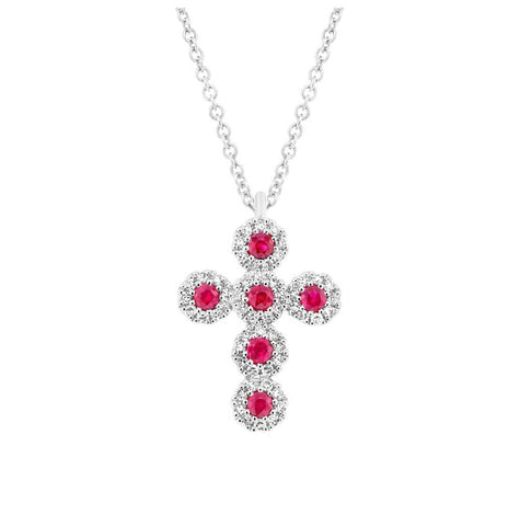 0.12 Ctw Diamond And 0.14 Ctw Ruby 14k White Gold Cross Necklace