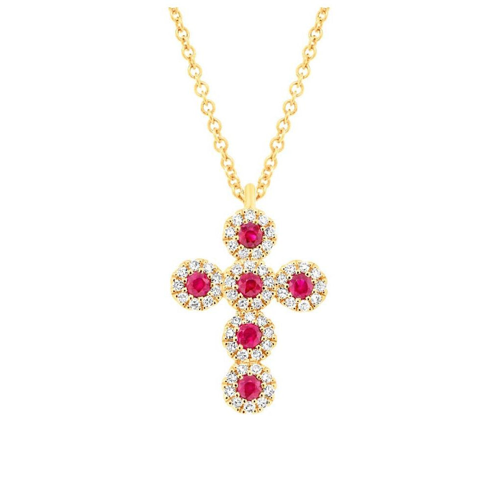 0.12 Ctw Diamond And 0.14 Ctw Ruby 14k Yellow Gold Cross Necklace