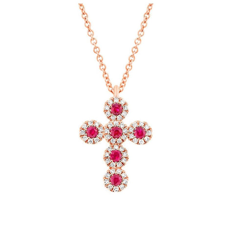 0.12 Ctw Diamond And 0.14 Ctw Ruby 14k Rose Gold Cross Necklace