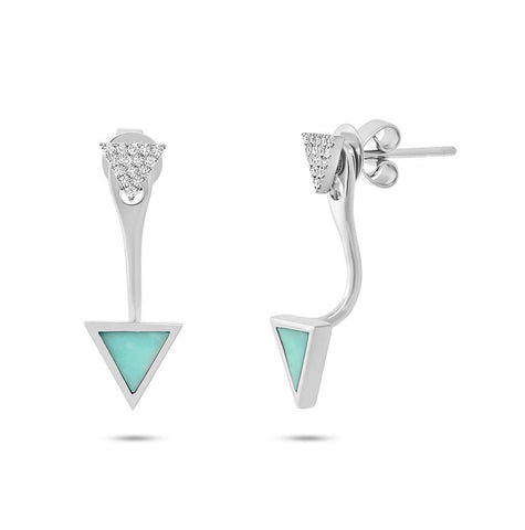 0.09 Ctw Diamond And 0.40 Ctw Composite Turquoise 14k White Gold Triangle Earring Jacket With Stud