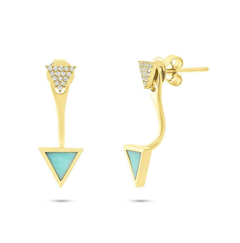 0.09 Ctw Diamond And 0.40 Ctw Composite Turquoise 14k Yellow Gold Triangle Earring Jacket With Stud