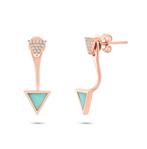 0.09 Ctw Diamond And 0.40 Ctw Composite Turquoise 14k Rose Gold Triangle Earring Jacket With Stud