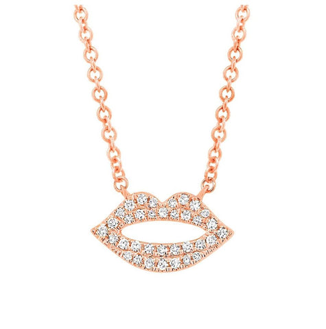 0.08 Ctw 14k Rose Gold Diamond Pave Lips Necklace