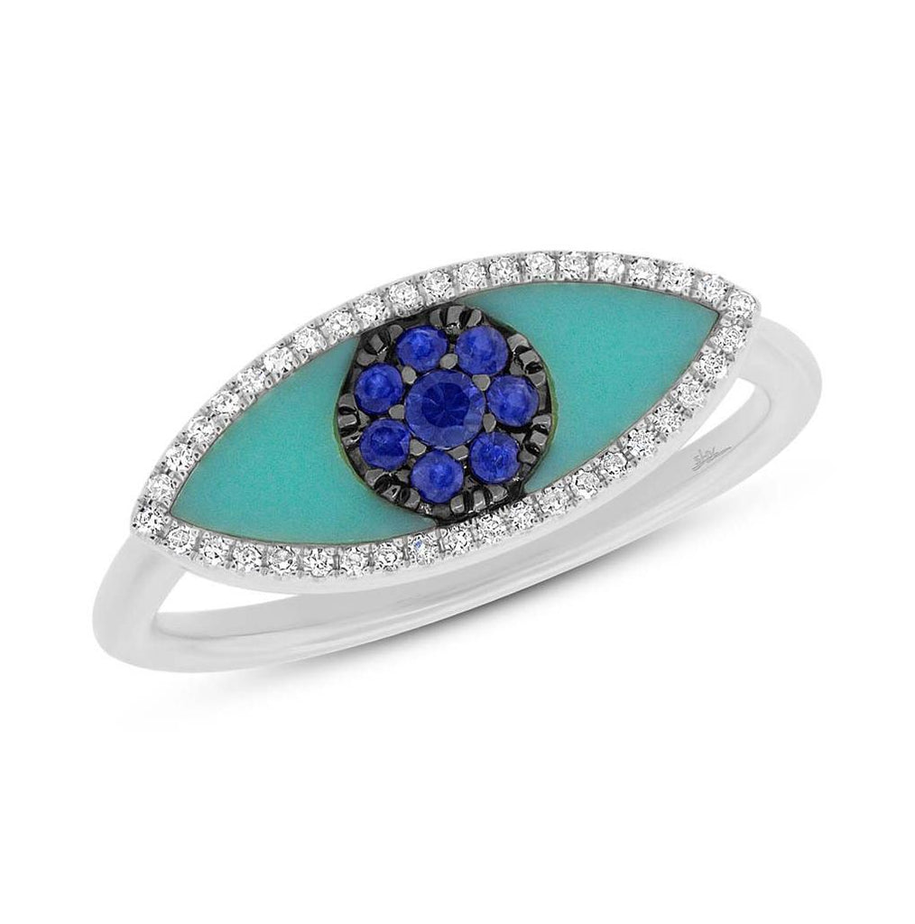 0.09 Ctw Diamond And 0.62 Ctw Blue Sapphire And Turquoise 14k White Gold Eye Ring