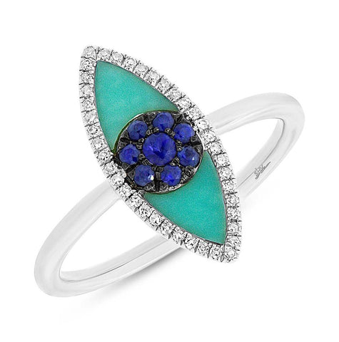 0.09 Ctw Diamond And 0.62 Ctw Blue Sapphire And Turquoise 14k White Gold Eye Ring