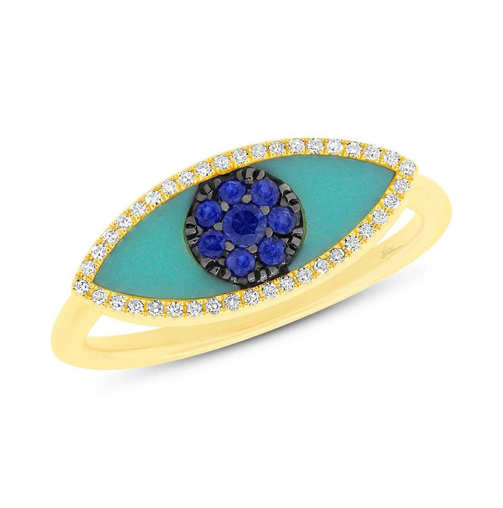 0.09 Ctw Diamond And 0.62 Ctw Blue Sapphire And Turquoise 14k Yellow Gold Eye Ring