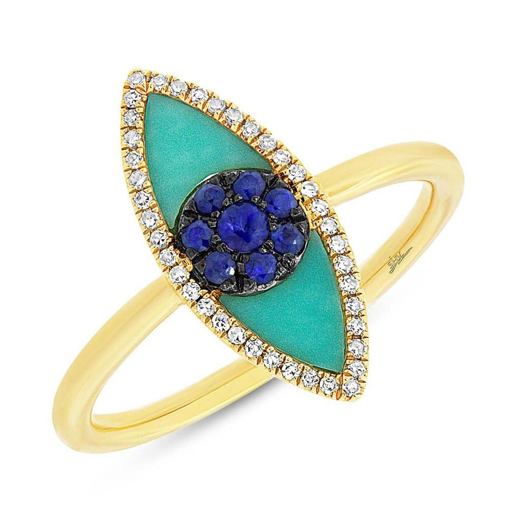 0.09 Ctw Diamond And 0.62 Ctw Blue Sapphire And Turquoise 14k Yellow Gold Eye Ring Size 3