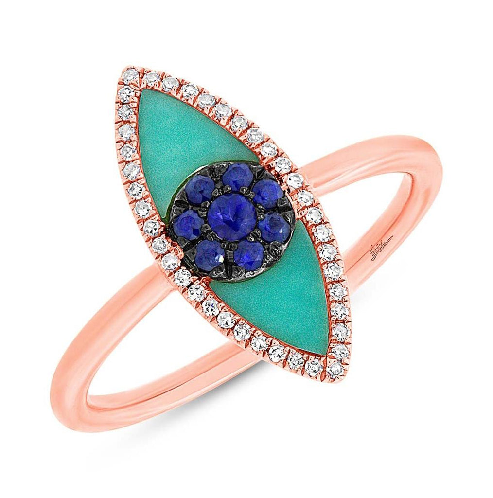 0.09 Ctw Diamond And 0.62 Ctw Blue Sapphire And Turquoise 14k Rose Gold Eye Ring