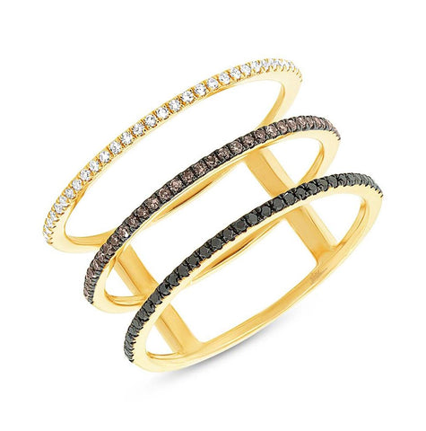 0.28 Ctw 14k Yellow Gold White, Black And Champagne Diamond Womens Ring