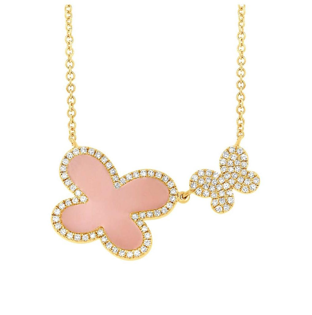 0.25 Ctw Diamond And 0.88 Ctw Pink Opal 14k Yellow Gold Butterfly Necklace