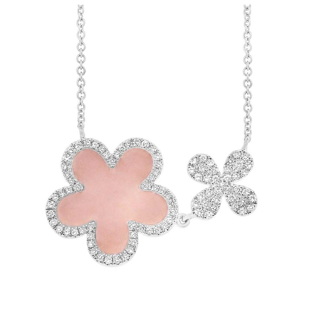 0.23 Ctw Diamond And 0.90 Ctw Pink Opal 14k White Gold Flower Necklace