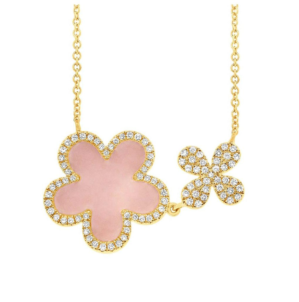 0.23 Ctw Diamond And 0.90 Ctw Pink Opal 14k Yellow Gold Flower Necklace