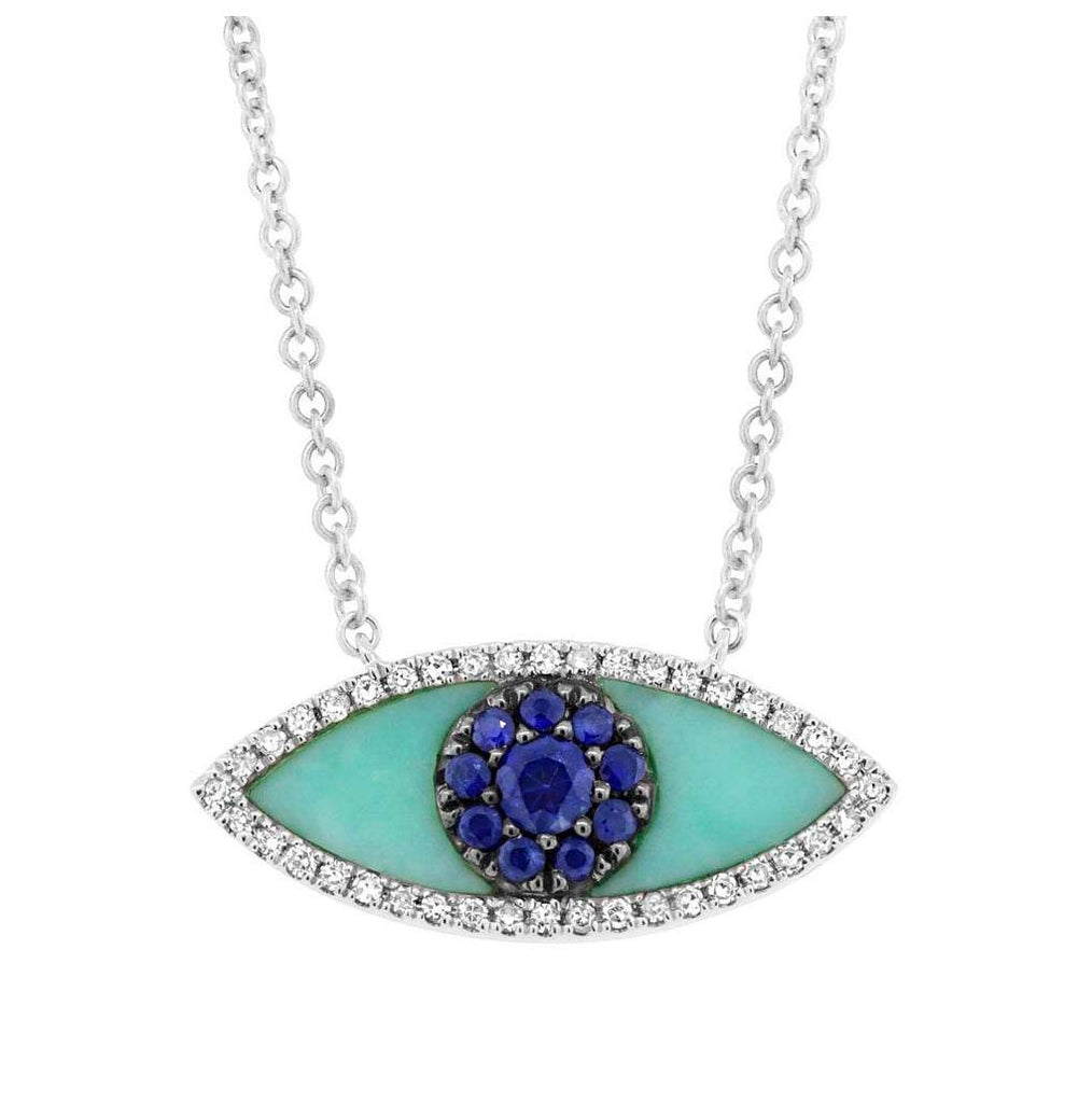 0.09 Ctw Diamond And 0.65 Ctw Blue Sapphire And Turquoise 14k White Gold Eye Necklace