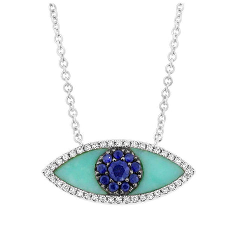 0.09 Ctw Diamond And 0.65 Ctw Blue Sapphire And Turquoise 14k White Gold Eye Necklace