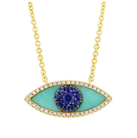 0.09 Ctw Diamond And 0.65 Ctw Blue Sapphire And Turquoise 14k Yellow Gold Eye Necklace