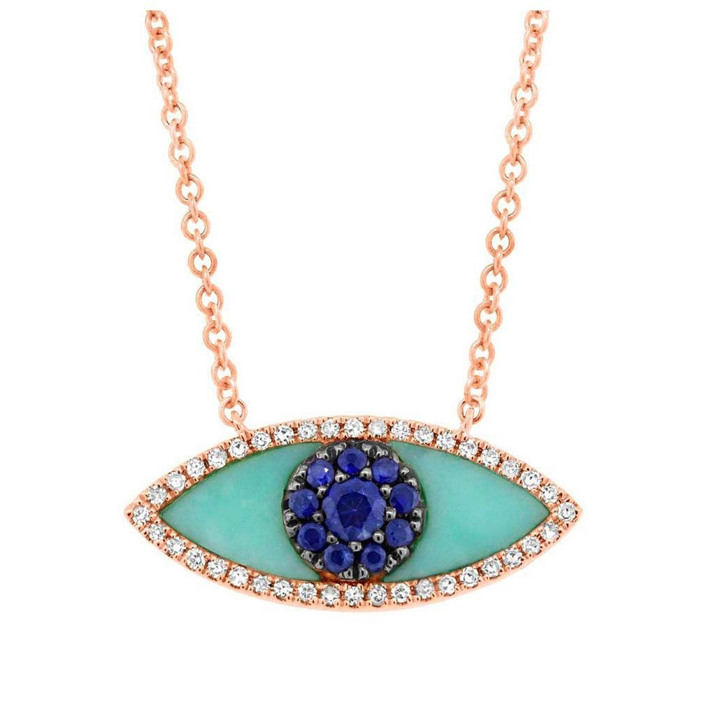 0.09 Ctw Diamond And 0.65 Ctw Blue Sapphire And Turquoise 14k Rose Gold Eye Necklace