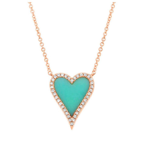 0.09 Ctw Diamond And 0.69 Ctw Turquoise 14k Rose Gold Heart Necklace