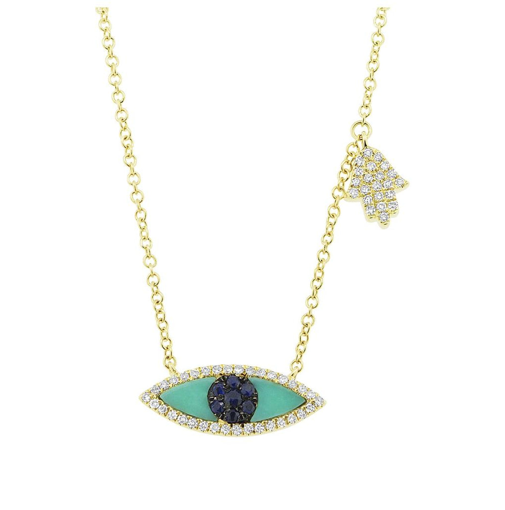 0.13 Ctw Diamond, 0.38 Ctw Blue Sapphire And Composite Turquoise 14k Yellow Gold Eye And Hamsa Necklace