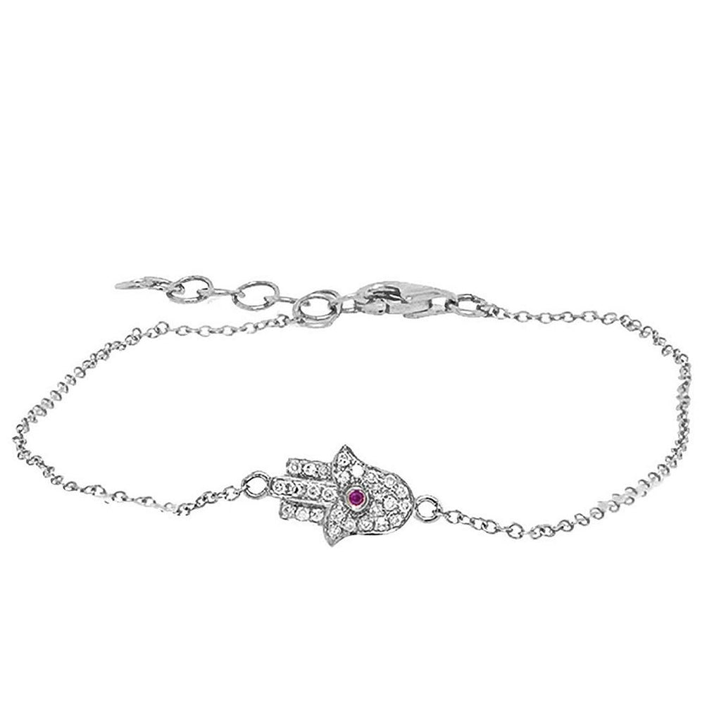 0.08 Ctw Diamond And 0.01 Ctw Ruby 14k White Gold Hamsa Bracelet