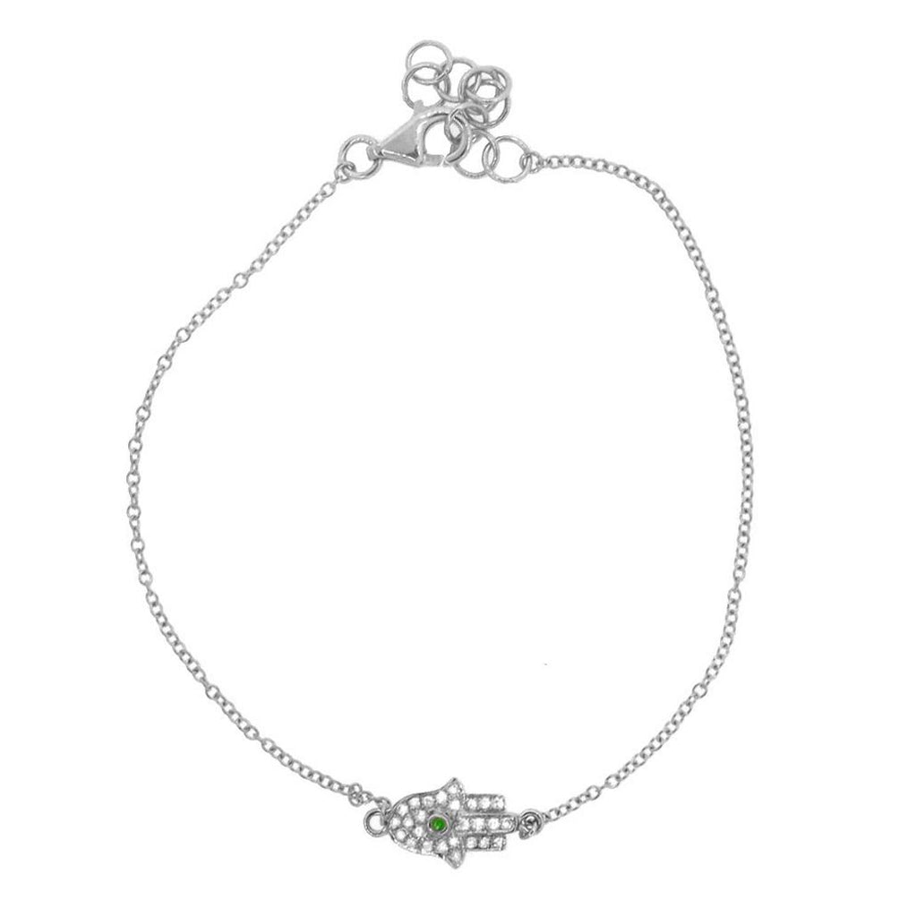 0.08 Ctw Diamond And 0.01 Ctw Emerald 14k White Gold Hamsa Bracelet