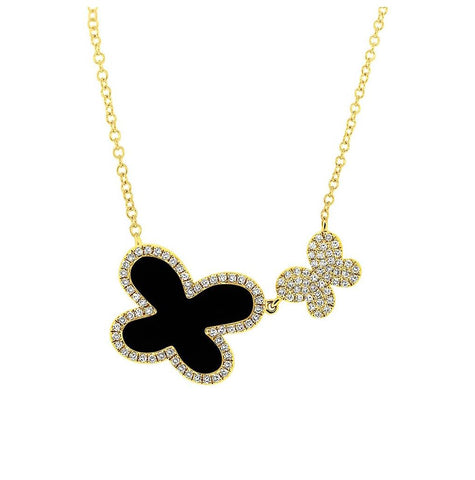 0.25 Ctw Diamond And 2.36 Ctw Onyx 14k Yellow Gold Butterfly Necklace