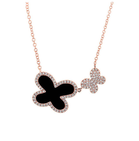 0.25 Ctw Diamond And 2.36 Ctw Onyx 14k Rose Gold Butterfly Necklace