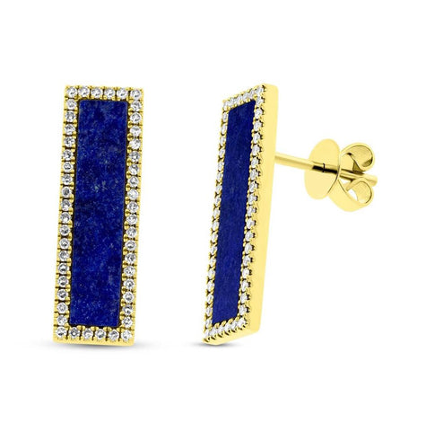 0.30 Ctw Diamond And 2.25 Ctw Lapis 14k Yellow Gold Bar Stud Earring