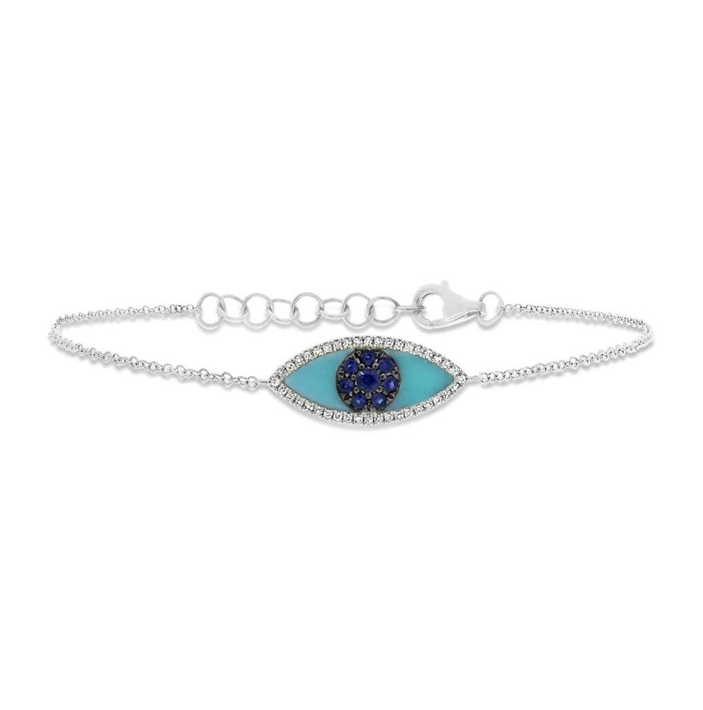 0.06 Ctw Diamond And 0.20 Ctw Blue Sapphire And Turquoise 14k White Gold Eye Bracelet