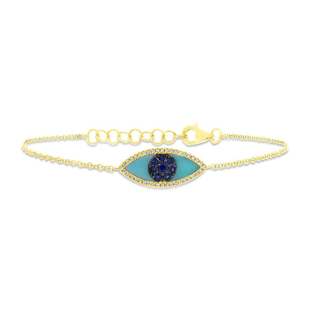 0.06 Ctw Diamond And 0.20 Ctw Blue Sapphire And Turquoise 14k Yellow Gold Eye Bracelet