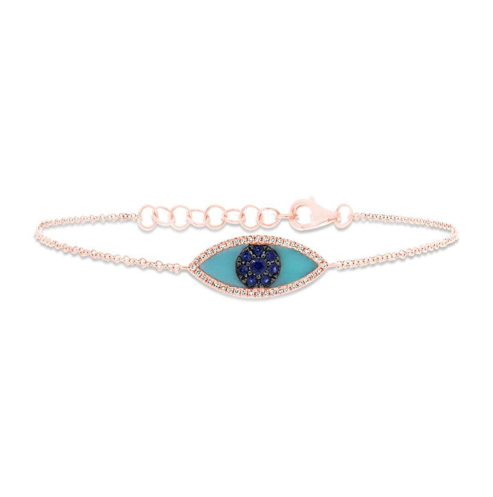 0.06 Ctw Diamond And 0.20 Ctw Blue Sapphire And Turquoise 14k Rose Gold Eye Bracelet