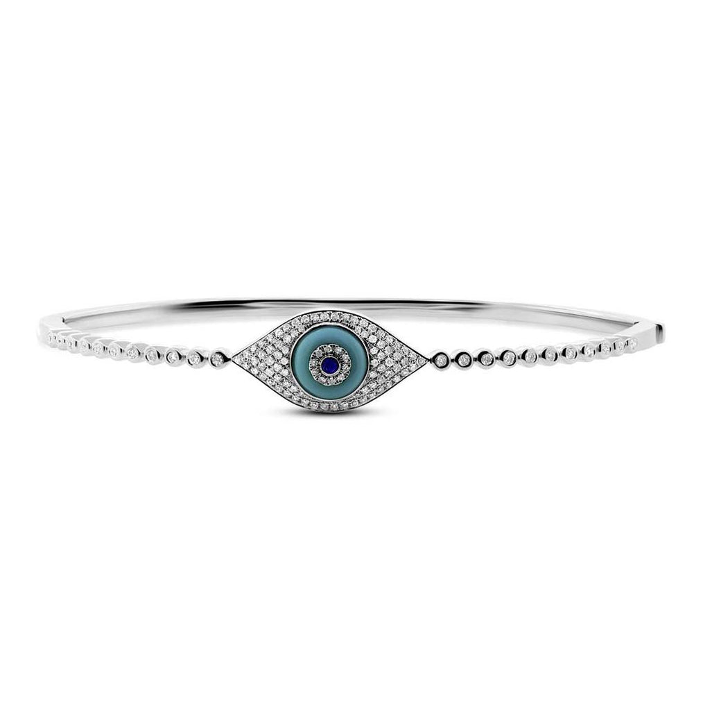 0.42 Ctw Diamond And 0.60 Ctw Blue Sapphire And Turquoise 14k White Gold Eye Bangle Bracelet