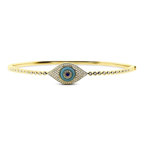 0.42 Ctw Diamond And 0.60 Ctw Blue Sapphire And Turquoise 14k Yellow Gold Eye Bangle Bracelet