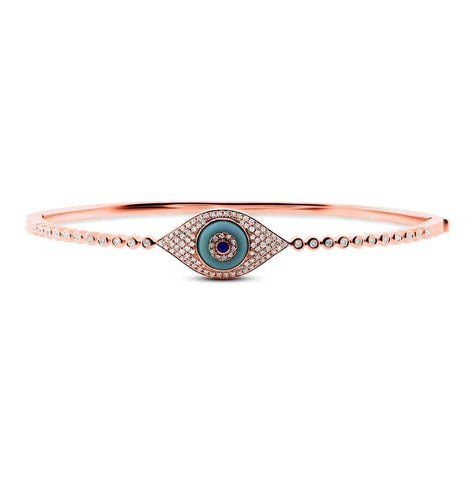 0.42 Ctw Diamond And 0.60 Ctw Blue Sapphire And Turquoise 14k Rose Gold Eye Bangle Bracelet