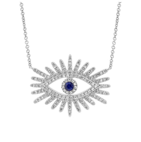 0.30 Ctw Diamond And 0.07 Ctw Blue Sapphire 14k White Gold Eye Necklace